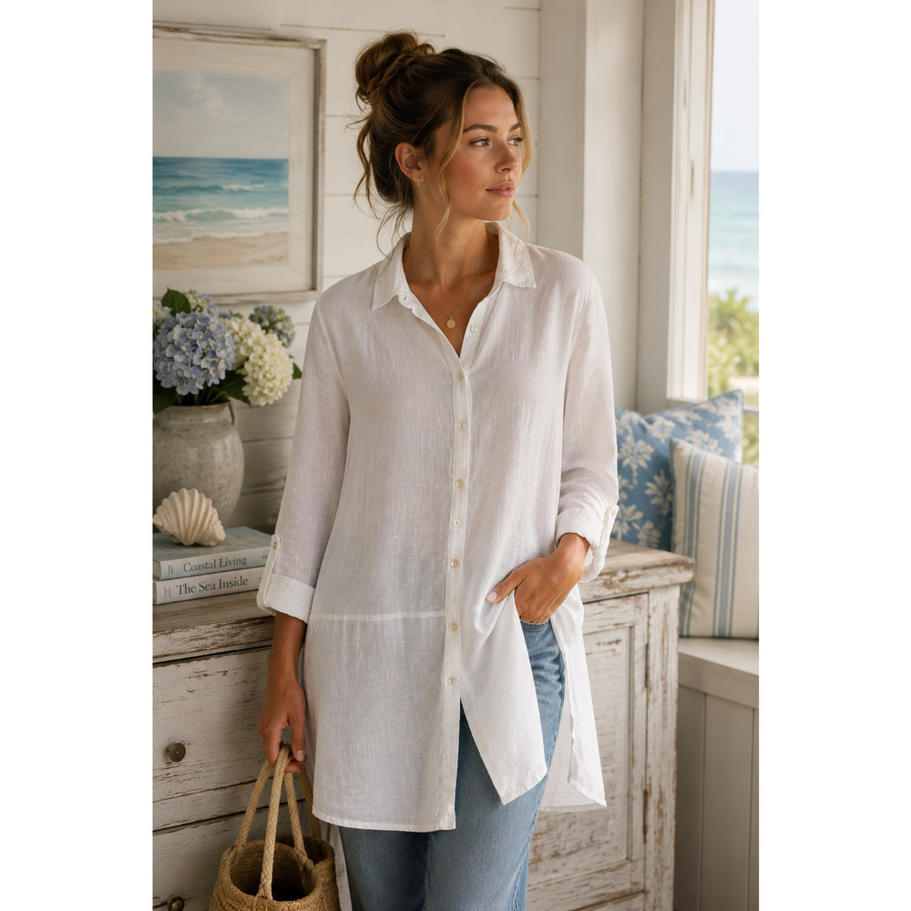 Tahari White 100% Linen Tunic Blouse Roll Tab Sleeve Side Slit Button Size M